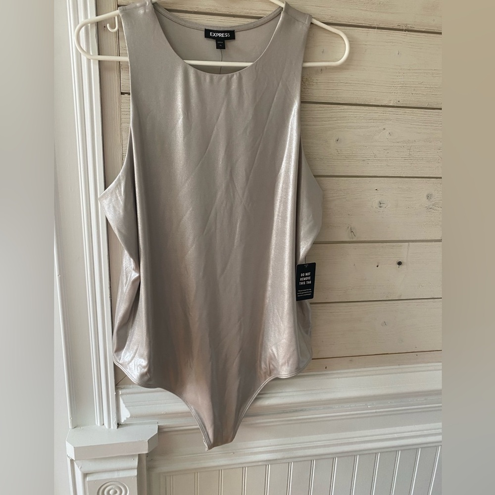 NWT Express Metallic Silver High Neck Thong Bodysuit XL